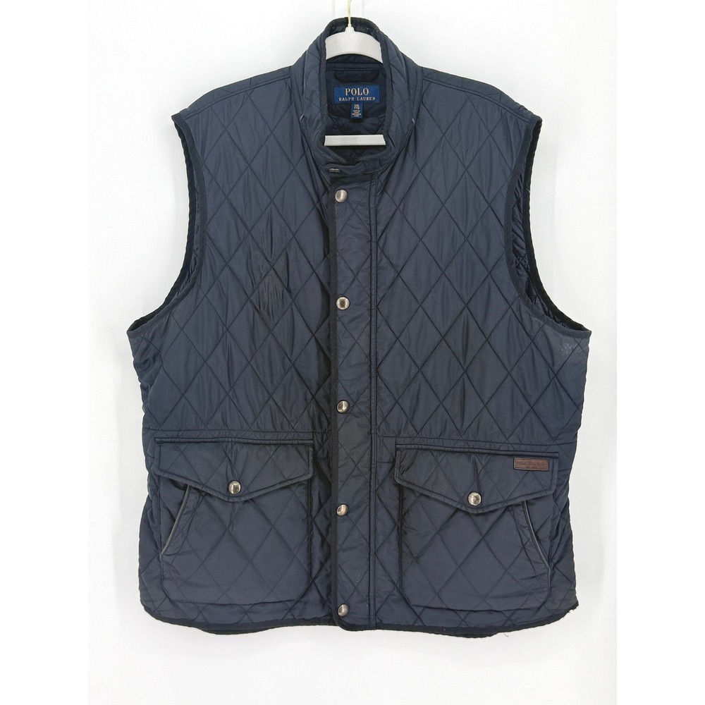 Polo Ralph Lauren Mens XXL Navy Blue Diamond Quilted Snap Frnt Vest Leather Trim